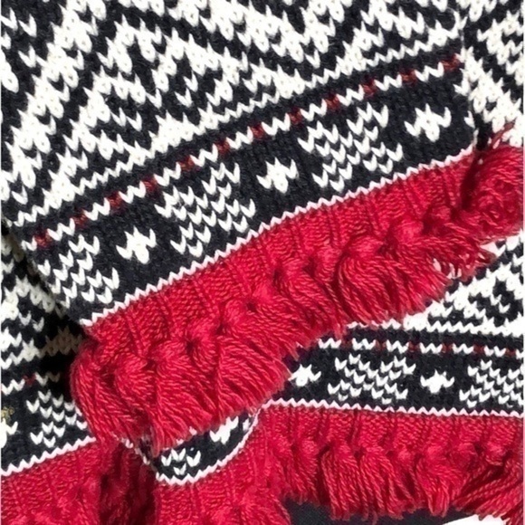 Talbots Black and White Nordic Fair Isle Snowflake Sweater with Red Fringe Small - Picture 8 of 9
